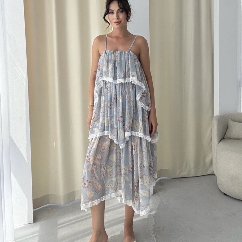 Zara Chiffon Lace Ruffle Print Maxi Dress - Picture 2 of 7